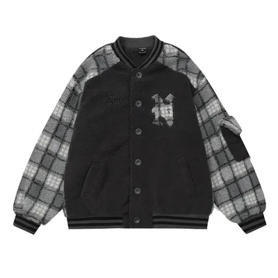 Color Contrast Patchwork Plaid Lamb Wool Coat For Men