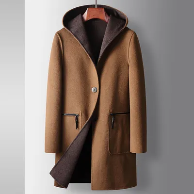 Mens Mid-Length Wool Coat With A Hood Reversible Style