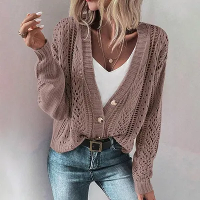 Womens Knitted Cardigan Loose-fitting Hollow-out Outerwear With Long Sleeves