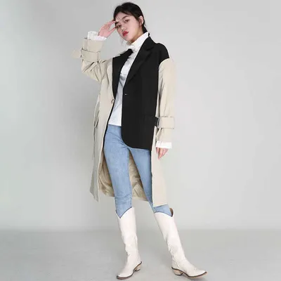 Asymmetrical Contrast Stitching Suit Collar Trench Coat