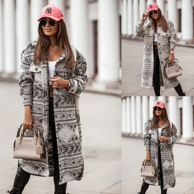 Autumn And Winter Long-sleeved V-neck Button Printed Woolen Coat Women