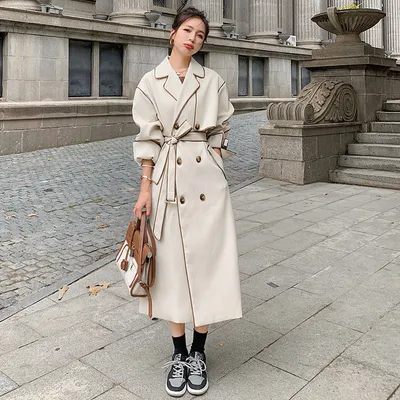 Apricot Double-breasted Thin Windbreaker Women's Mid-length Long-sleeved Coat