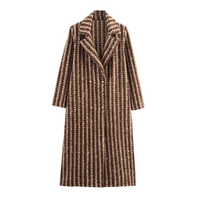 Autumn And Winter Women's British Style Woolen Striped Wide Coat