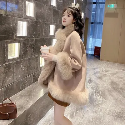 Artificial Fur Mid-length Coat Women's Woolen Cloak