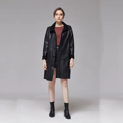 Womens Brown Leather Jacket Mid-length Trench Coat With Fur Trim