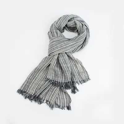 Cotton And Linen Scarf Japanese Literary Style Striped Fringed Drape