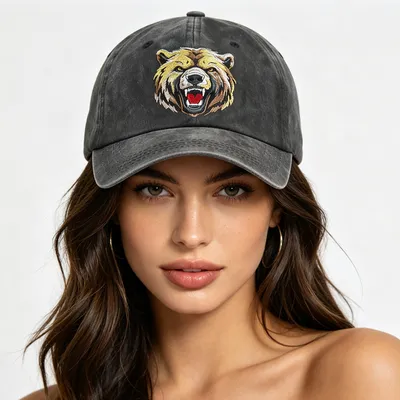 2pcs Roaring Grizzly Bear Embroidered Hat - Vintage Washed Cotton Baseball Cap For Men Women, Adjustable Unstructured Low Profile