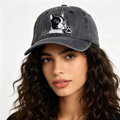 2pcs Boston Terrier Dog Embroidered Baseball Cap - Vintage Washed Cotton Hat, Adjustable Unstructured Low Profile, Cute Pet Cap For Men Women
