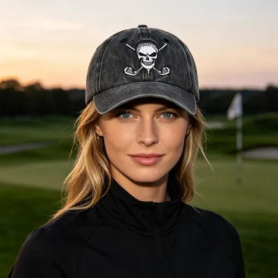 2pcs Washed Distressed Golf Skull Baseball Cap, Crossed Golf Clubs Embroidery Vintage Hat For Men Women