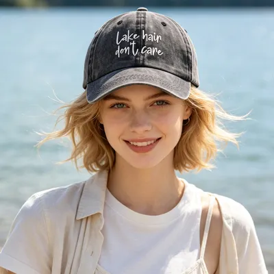 2pcs Lake Hair Washed Black Baseball Cap , Lake Hair Don't Care Embroidery Vintage Distressed Hat Summer Casual Lake Trip Hat