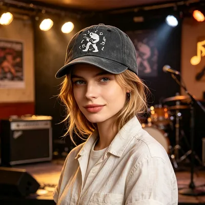 2pcs Guitar Black Baseball Cap For Women Men, Bigfoot Playing Guitar Musical Note Embroidery Hat, Vintage Distressed Cotton Trucker Cap For Summer Outdoor