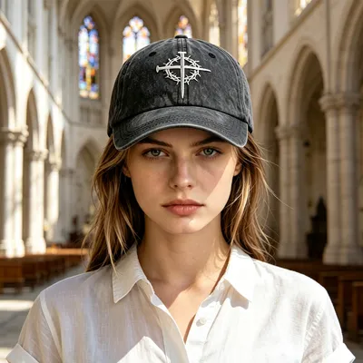 2pcs Crown Baseball Cap For Men Women, Crown Of Thorns Nail Cross Embroidery Christian Faith Hat, Adjustable Vintage Cotton Trucker Hat