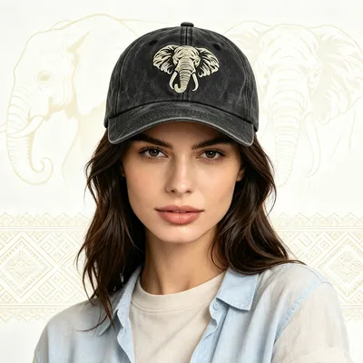 2pcs Vintage Washed Cotton Baseball Cap, Embroidered African Elephant Head Dad Hat Outdoor Summer Casual Sun Hat