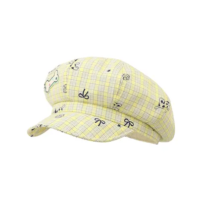 Spring And Summer Light Yellow Fine-check Pattern Cartoon Spotted Puppy Octagonal Hat Fashionable Print Casual Outing Versatile Newsboy Hat