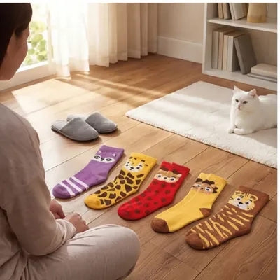 5 Pairs Of Women's Socks With Animal Designs – Cute Crew Socks Featuring Tiger, Squirrel, And Cow Patterns, Made From A Soft Cotton Blend For Everyday Wear, A Fun Gift Idea And Party Decoration
