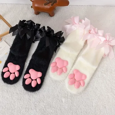 3D Cat Claw Socks Womens Coral Fleece Mid-calf Socks For Fall And Winter
