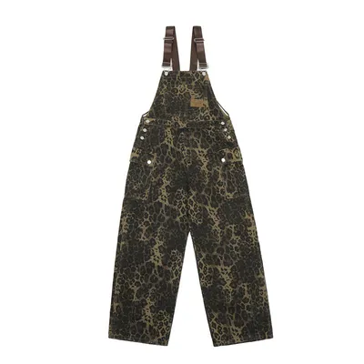 American Vintage Leopard Print Denim Brace Overalls Men And Women