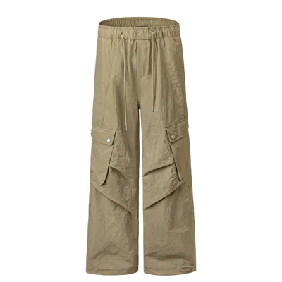American-style Drawstring Wrinkle Overalls Men's High Street Fashion Brand Casual Paratrooper Pants Pleated Loose Straight Trousers