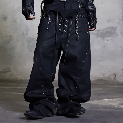 Straight-leg Denim Pants Heavily Embellished Wide-leg Floor-length Trousers