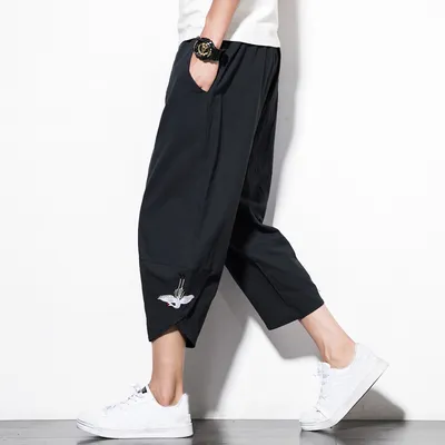  Summer New Harem Pants Men's Cotton And Linen Pants Solid Color Embroidery Cropped Pants Chinese Style Wide Leg Pants Bloomers