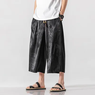  Summer New Style Chinese Style Dark Flower Cropped Trousers Men's Big Pants Beach Pants Ethnic Style Loose Thin Section