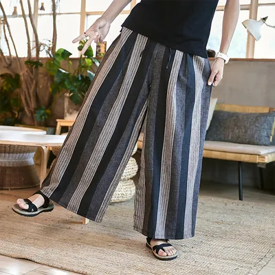 Chinese-style Relaxed-fit Long Striped Breathable Straight-leg Trousers