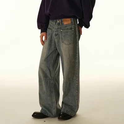 Men's American-style Vintage Washed Patchwork Reverse-wear Denim Jeans