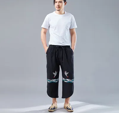 Chinese style retro double crane pants men's literary personality pants male