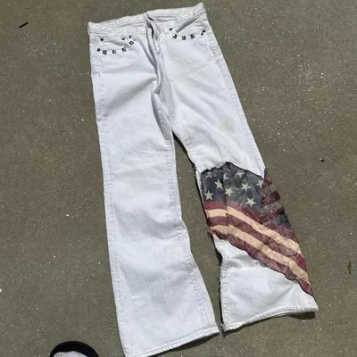 Mens Flag-Patchwork-Button Plus-Size Jeans