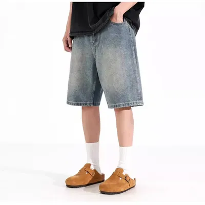 All-match Loose Straight Sports Shorts Washed Overalls Denim Shorts