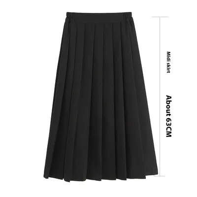 A- Line Plus Size Elastic Waist Black Mid-length Pleated Skirt