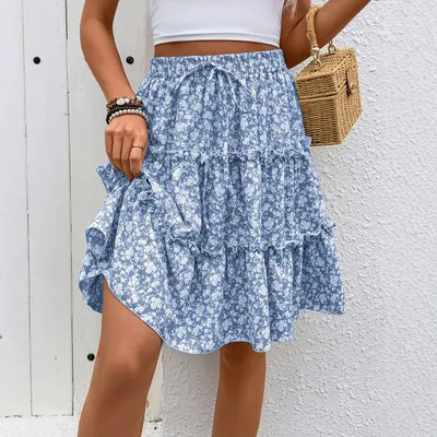 European And American Womens Skirt With Ruffled Hem And Floral Print