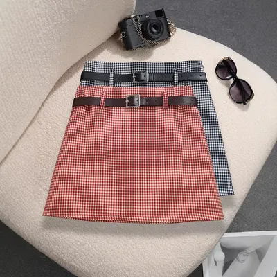 Womens Houndstooth Casual Skirt With Belt