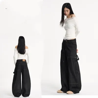 A-shaped Wide-leg Double-knee Raw Denim Workwear Jeans