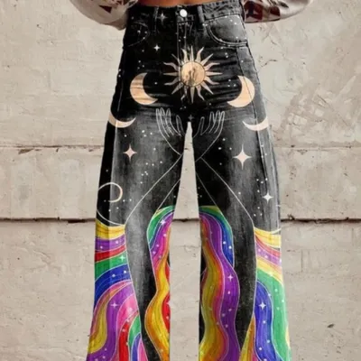 All-match Printed Wide-leg Denim Pants For Women