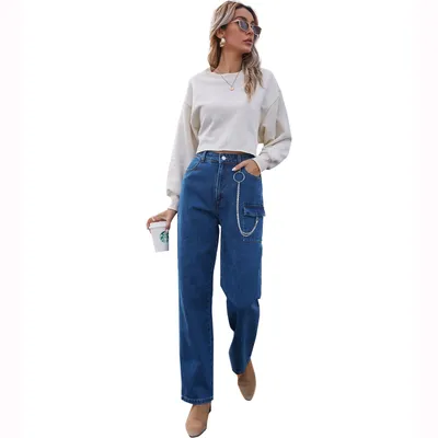  Spring New Amazon Cross-Border Women's European And American INS Fashion Pocket Chain Denim Straight Trousers