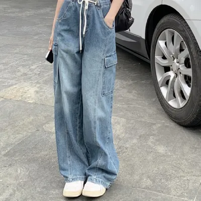 American High Street Drawstring Elastic Waist Jeans Women
