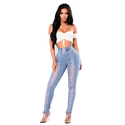 Amazon Manufacturers Spot Wholesale Light Blue Bandage Corns Women'S Jeans In Europe And America Ebay