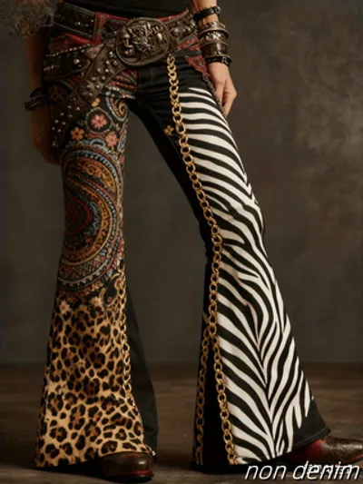 Adies' Casual And Fashionable Retro Printed High-waisted Single-button Flared Pants, Comfortable Fake Jeans Can Modify The Leg Shape