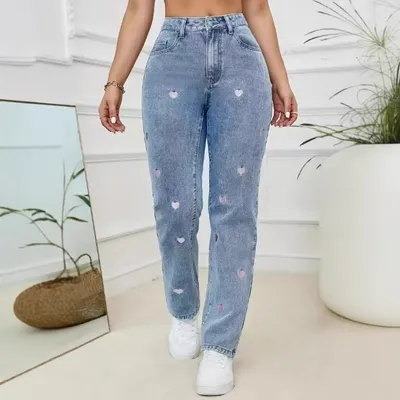 Affectionate Embroidered Straight-Leg Loose-Fit Stretch Womens Denim Trousers