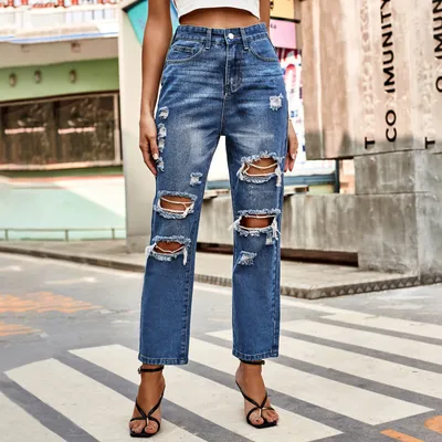 All-match Washing Water Ripped Straight Denim Ankle-length Pants