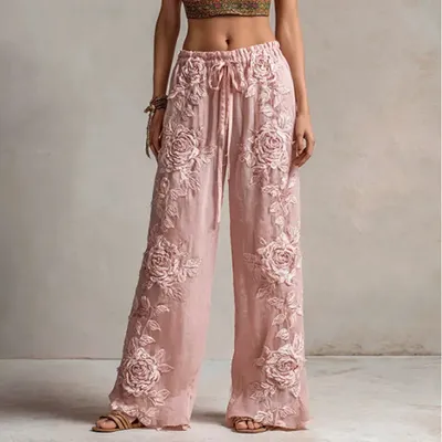 3D Floral Print Pattern Elegant Straight Women's Trousers