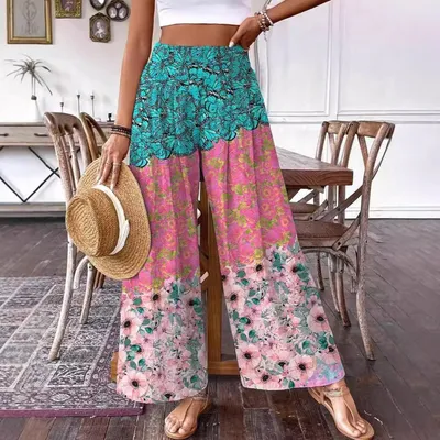 3D Floral Print Pattern Elegant High-waisted Wide-leg Women's Pants