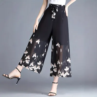 910-length Plus-size Figure-flattering Womens Flowy High-waisted Chiffon Wide-leg Pants