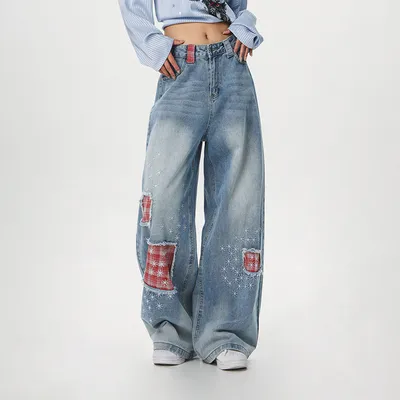100 Cotton Washed Denim Jeans With Ripped Patches And Embroidery