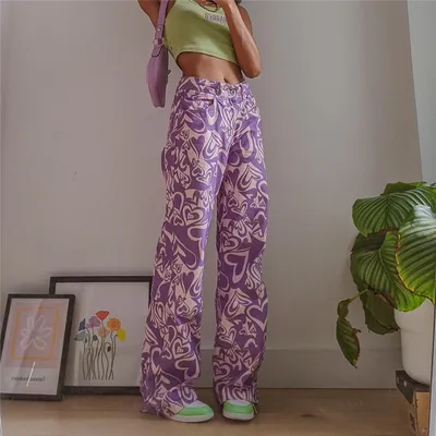 Abstract Love Pattern Contrast Color Trendy Jeans