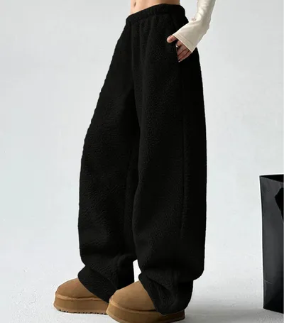 2026 European & American Cross-border Fleece Hot Sale Autumn Winter Fashion Casual Solid Color Long Pants With Pockets