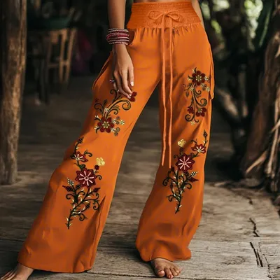 2026 European American Boho  Wide Leg Pants Women Elastic Drawstring High Waist Casual Trousers With Pockets