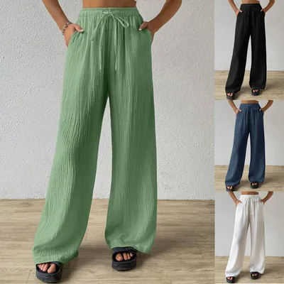 2024 Europe And The United States Cross-border Amazon New Fashion Women's Elegant Joker Elastic Casual Solid Color Pants Wide Leg Pants
