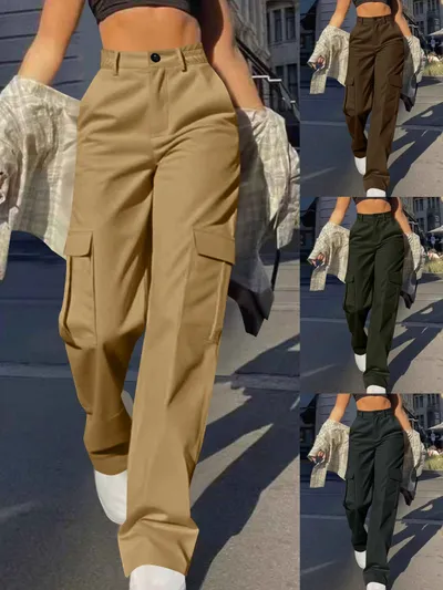 2025 European And American Fashion Street Style Multi-Pocket Cargo Straight-Leg Pants High-Waisted Slimming Loose Cargo Pants